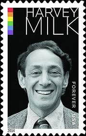 Image: US postage stamp bearing the image of a smiling white man, with the legend "Harvy Milk."