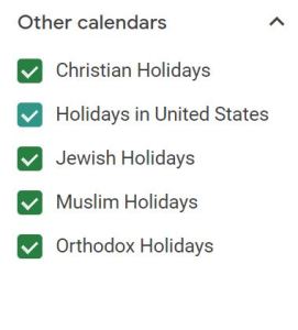 List titled "Other calendard" with checked boxes for Christian Holidays; Holidays in United States; Jewish Holidays; Muslim Holidays; and Orthodox Holidays." 